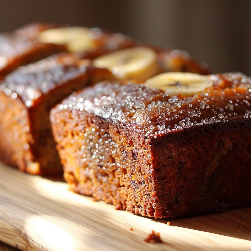 Close-up of a slice of banana bread on a light wood board.