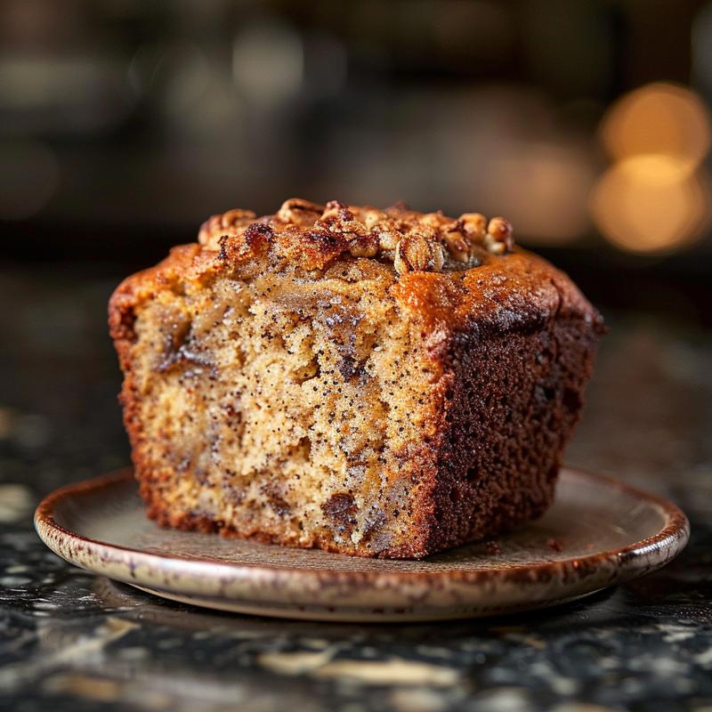A close-up of a slice of moist coffee cake banana bread muffin on a rustic plate with a dark stone background.