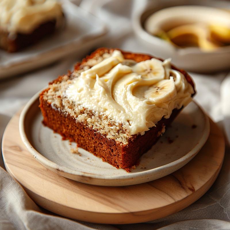 A close-up view of a slice of banana bread cake topped with cream cheese frosting on a wooden board.