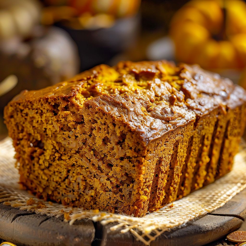 A freshly baked moist pumpkin bread topped with brown sugar pecans on a rustic wooden table.