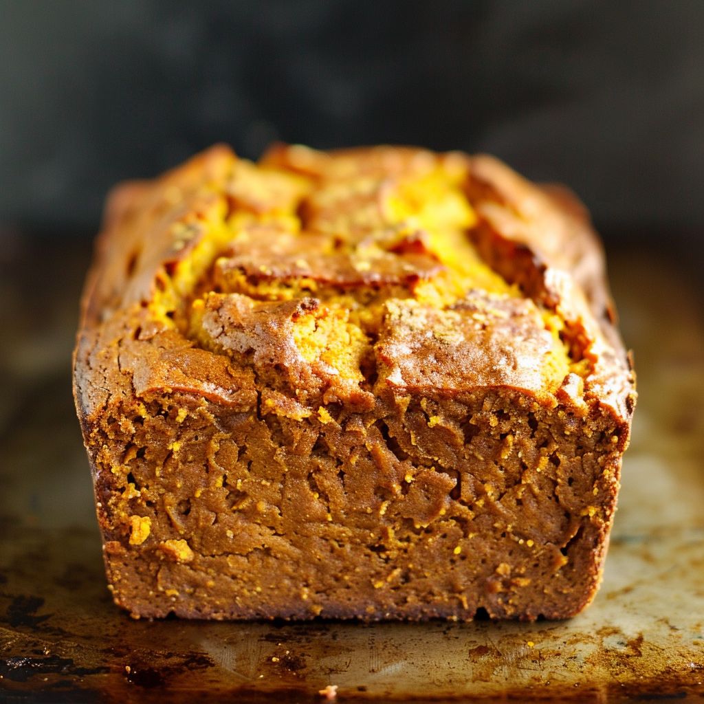A slice of moist pumpkin bread topped with brown sugar and pecans on a wooden board.