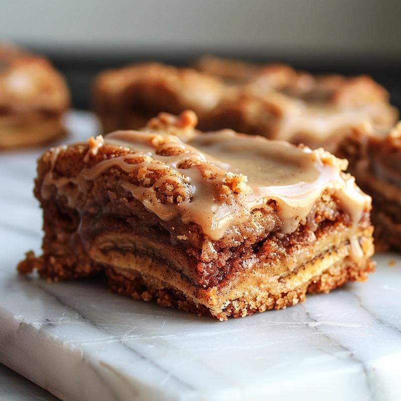 Close-up of healthy cinnamon roll banana bread bars topped with a creamy peanut butter glaze on a marble surface.