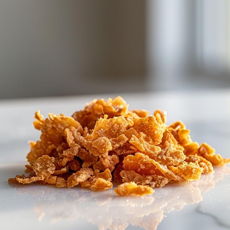 Close-up of a textured dish on a white marble background, showcasing vibrant colors and intricate details.