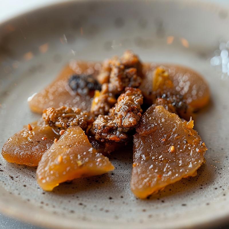 Close-up of a beautifully plated portion of 17eetaesfk on a light grey ceramic plate.