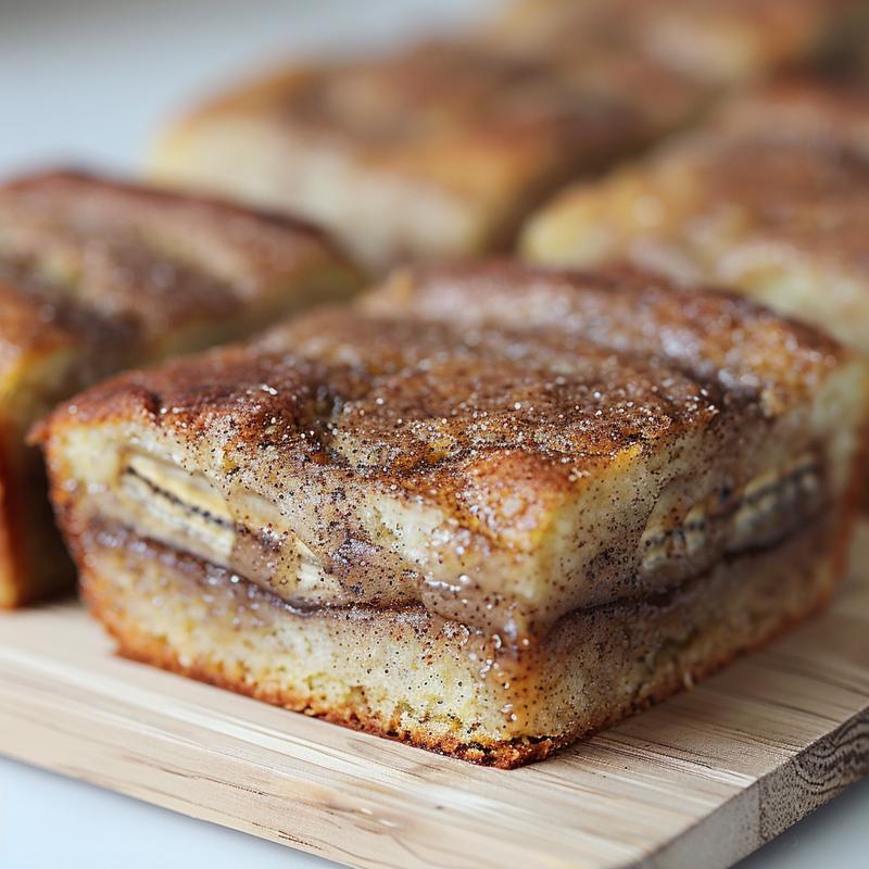 Close-up of vegan cinnamon sugar banana bread on a light wood board.