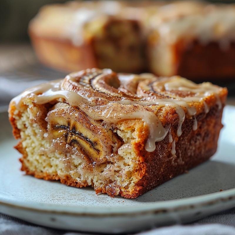 Close-up of a slice of cinnamon swirl banana bread drizzled with sweet icing on a light grey ceramic plate.