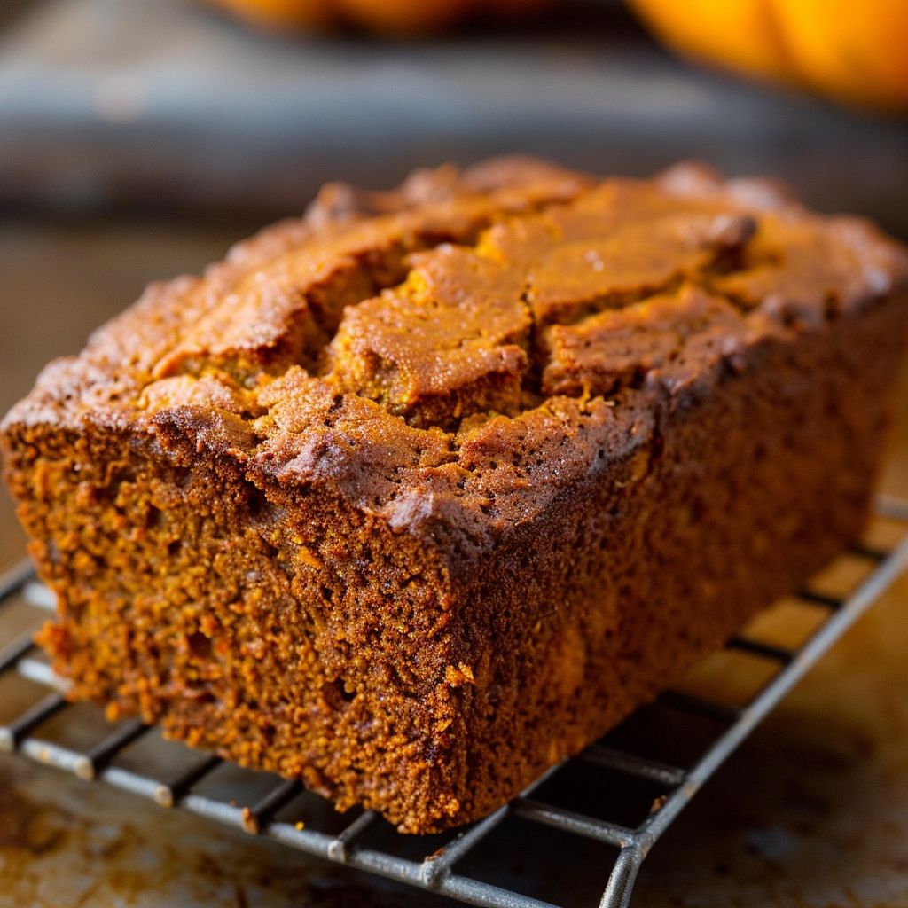 A freshly baked loaf of pumpkin bread with a golden-brown crust and visible pumpkin seeds on top.