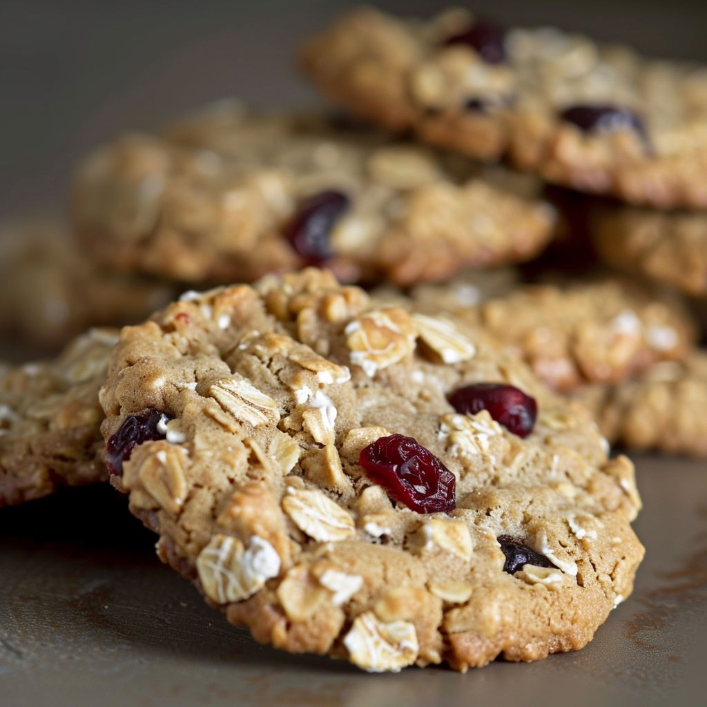 A close-up view of soft White Chocolate Oatmeal Cranberry Cookies on a rustic wooden surface.