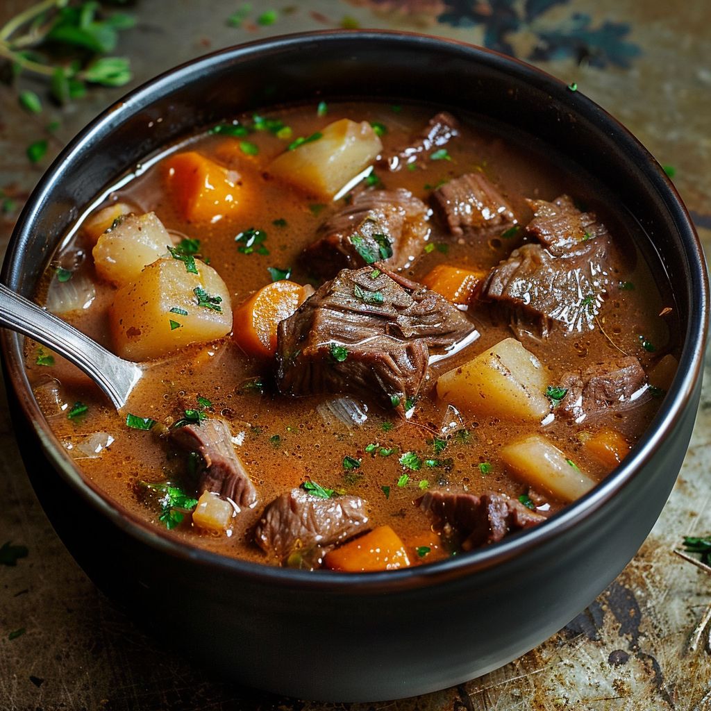 A close-up of a hearty beef stew in a bowl, featuring tender beef pieces, root vegetables, and rich gravy.