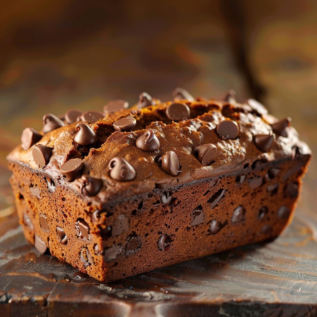 A loaf of pumpkin chocolate chip bread on a rustic wooden table, with visible chocolate chips and a moist texture.