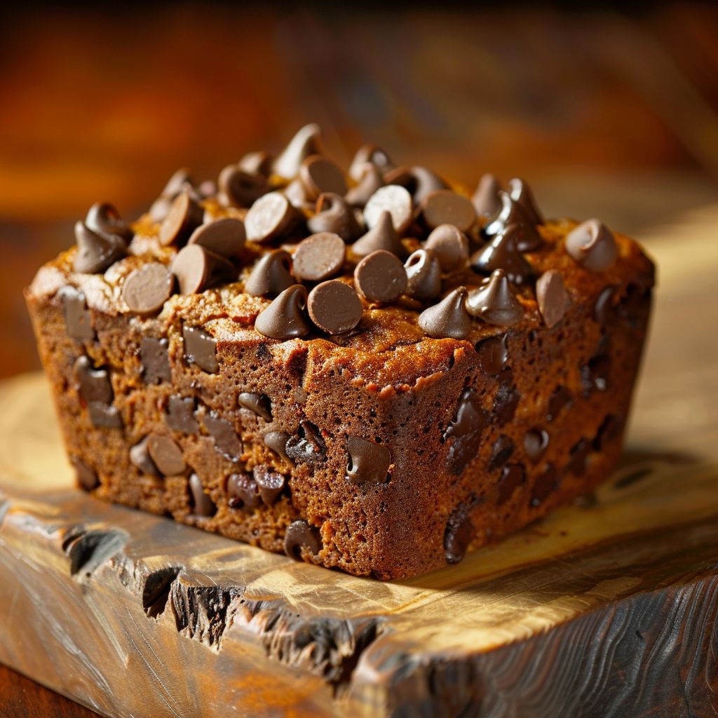 A loaf of pumpkin chocolate chip bread on a wooden cutting board, with chocolate chips scattered around.