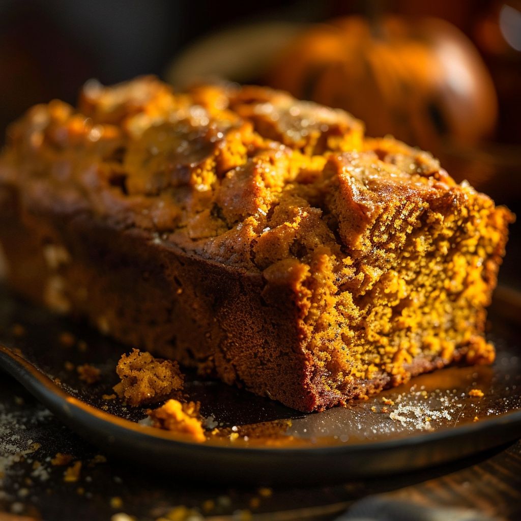 Moist pumpkin bread loaf on a wooden cutting board, displaying texture and color.