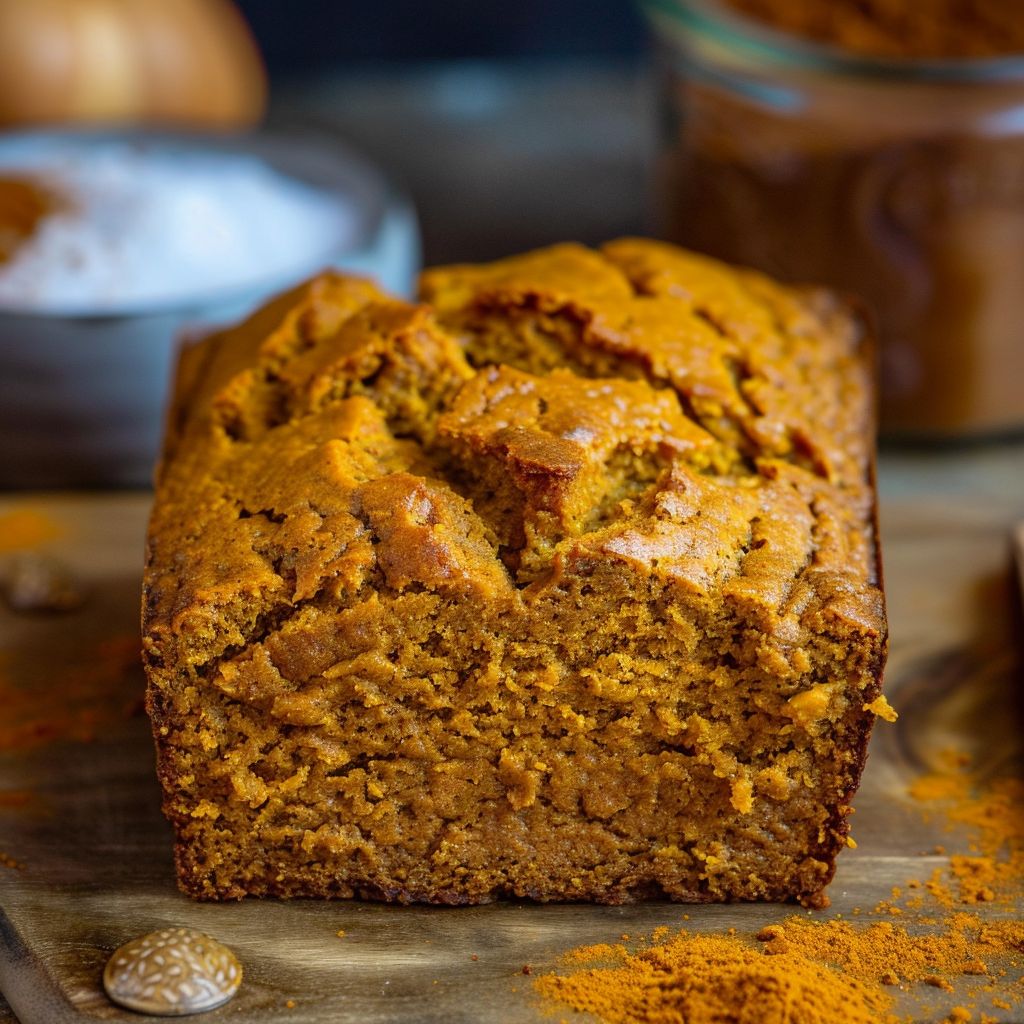 A moist pumpkin bread loaf on a wooden cutting board, with slices cut to reveal its texture.