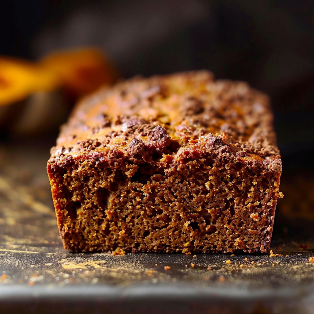 A slice of moist pumpkin bread on a wooden cutting board, showcasing its soft texture.