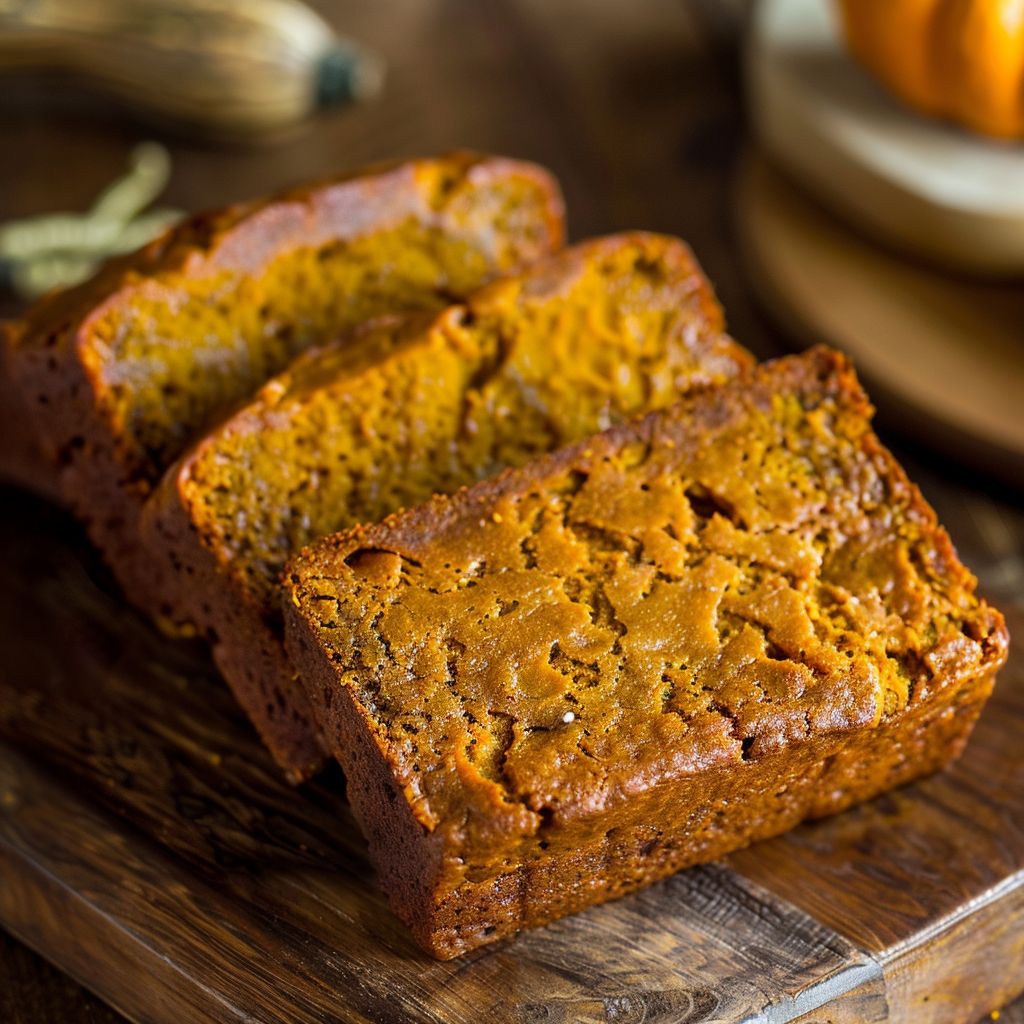 A freshly baked loaf of moist pumpkin bread on a wooden cutting board, showcasing its soft texture.