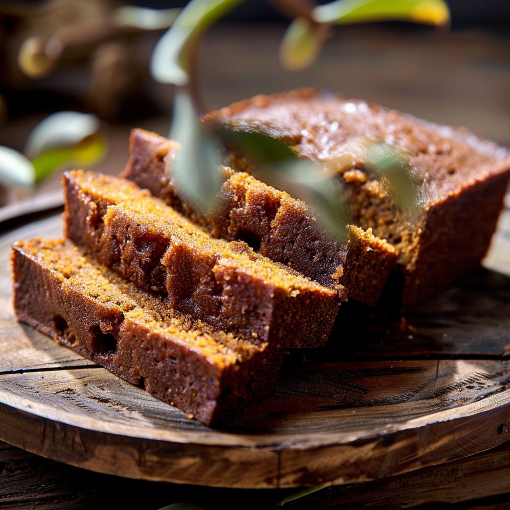 Close-up of a slice of moist pumpkin bread on a wooden cutting board with a soft focus background.