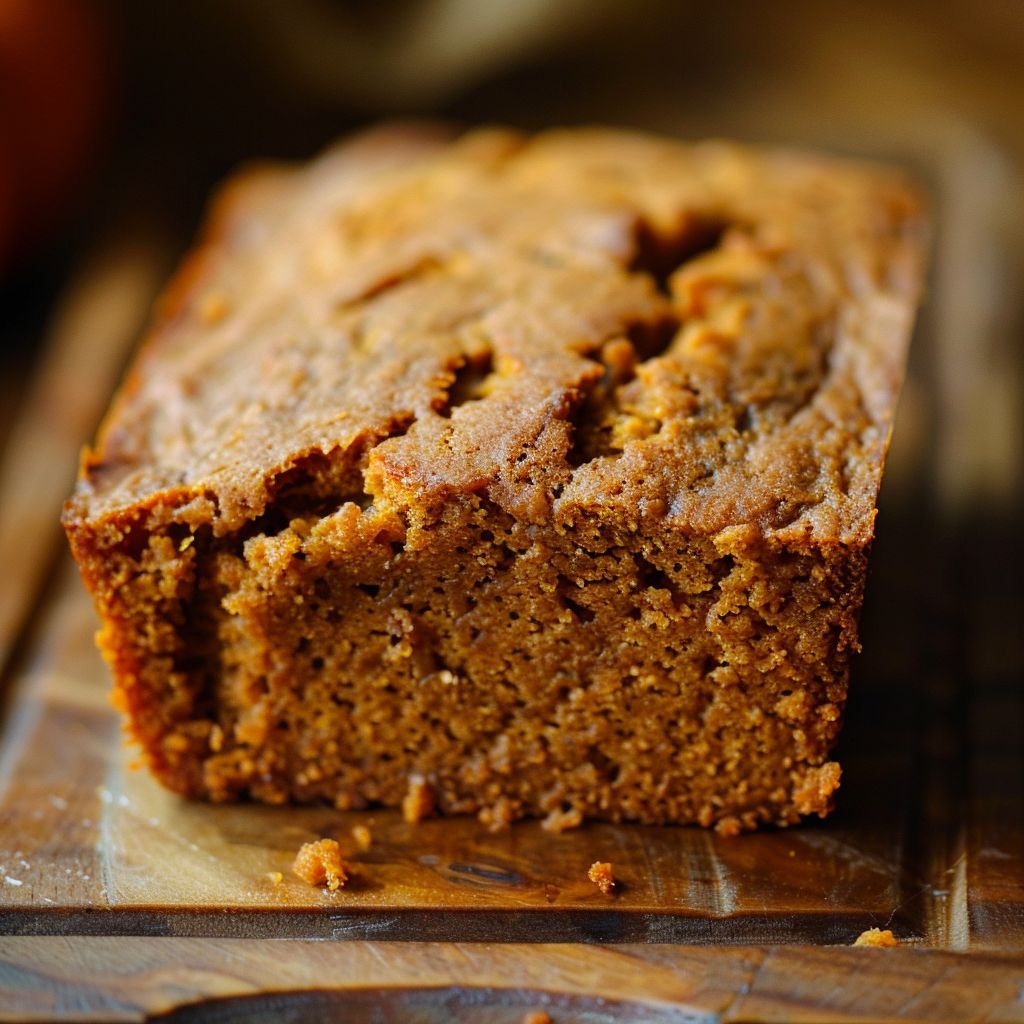 Close-up of a slice of moist pumpkin bread on a wooden board, showcasing its soft texture.