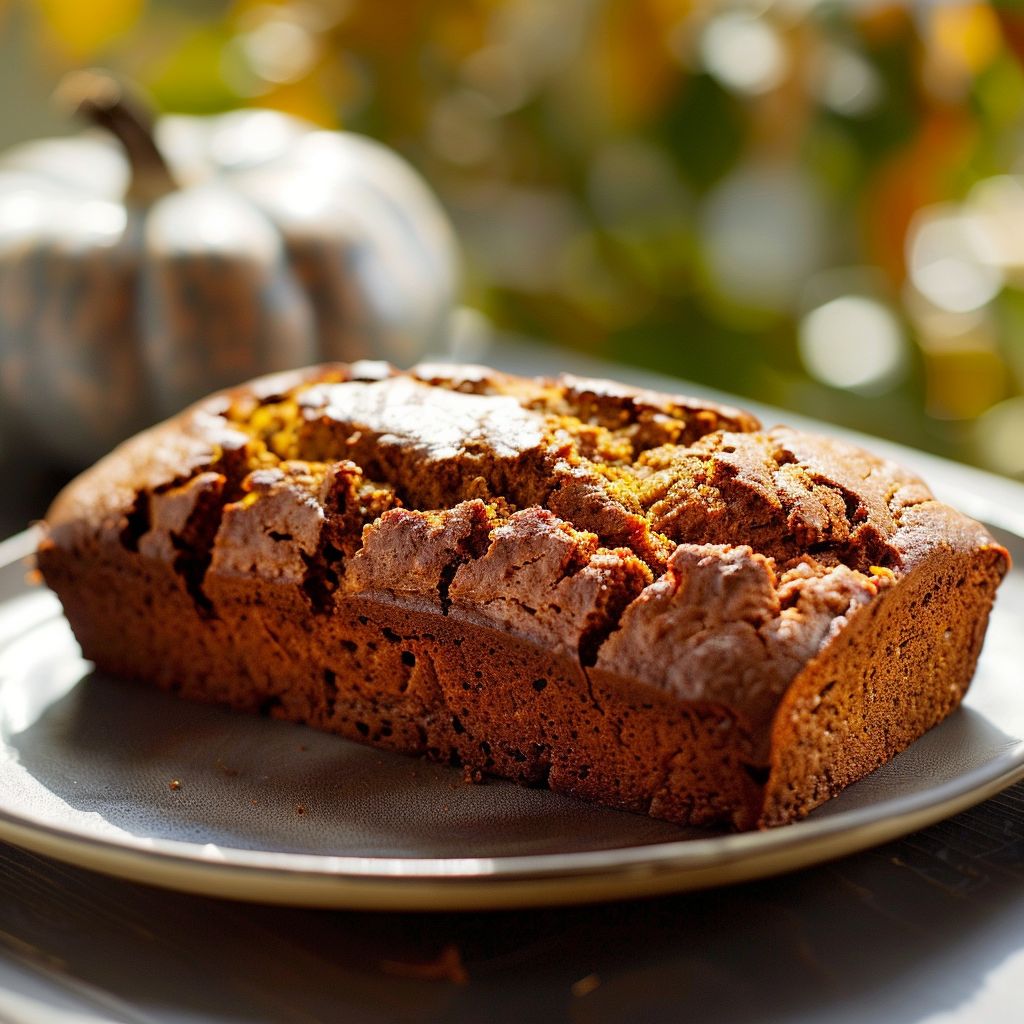 A close-up view of a slice of moist pumpkin bread on a wooden cutting board.