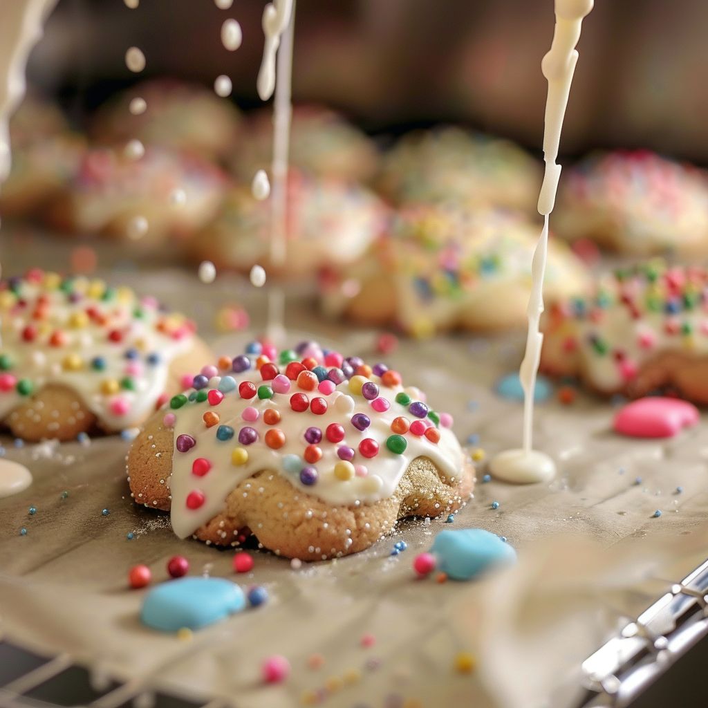 A beautifully decorated assortment of cookies in various shapes and colors displayed on a wooden table.