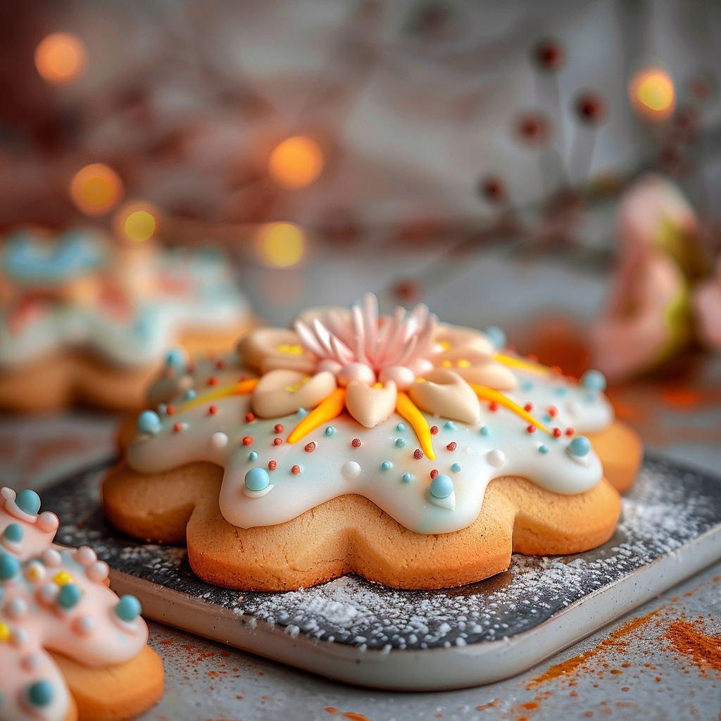 A variety of decorated cookies in different shapes and colors on a wooden table.