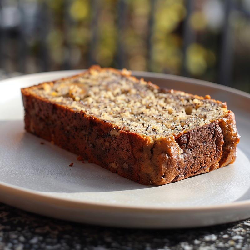 A close-up slice of Betty Crocker gluten-free banana bread on a light grey ceramic plate.