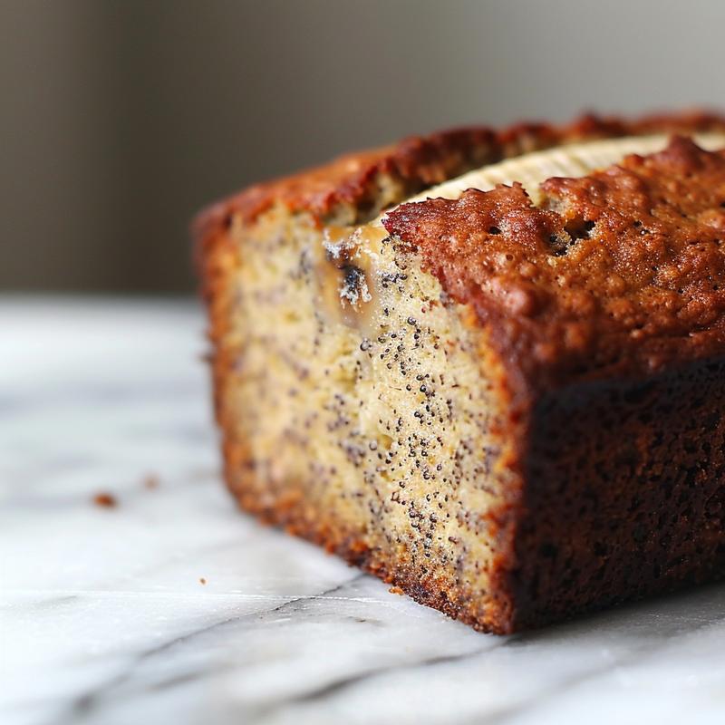 Extreme close-up of a slice of sour cream banana bread on a white marble surface.