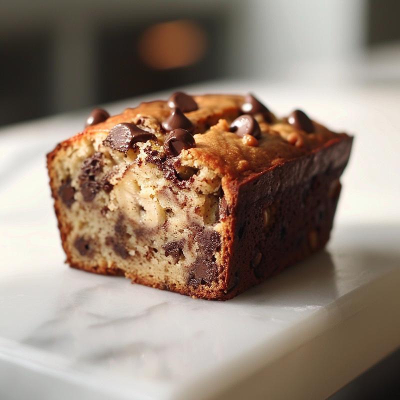 Close-up of a moist slice of chocolate chip banana bread on a white marble surface.