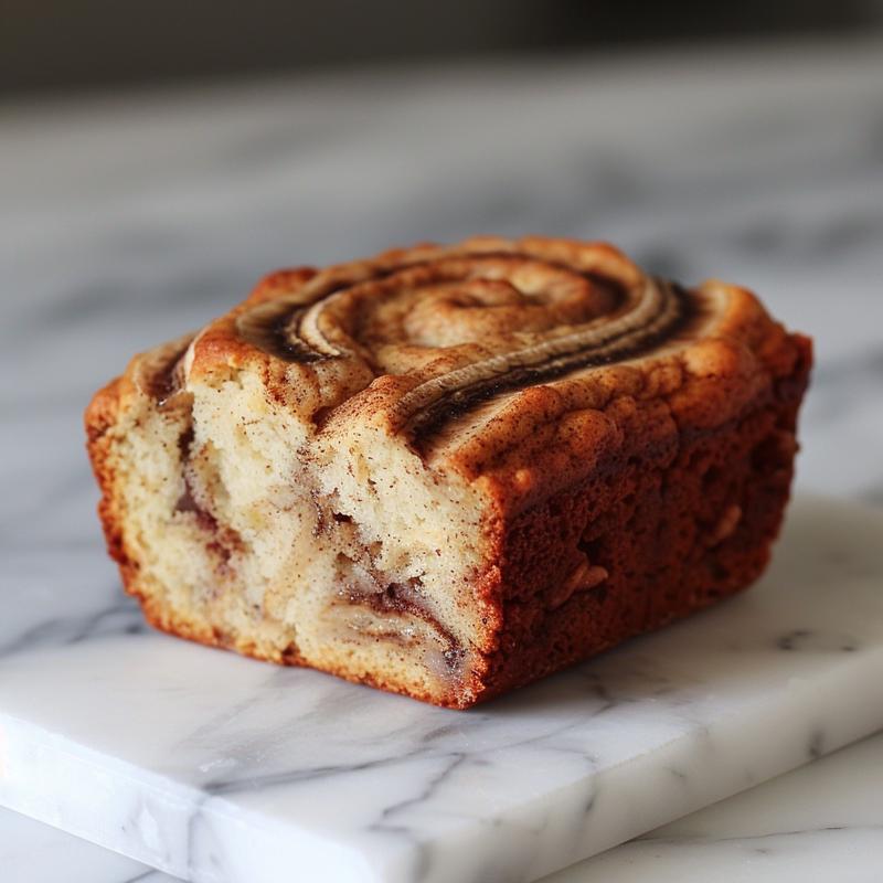 A close-up of a slice of cinnamon swirl banana bread on a white marble surface, showcasing its warm, swirled texture.