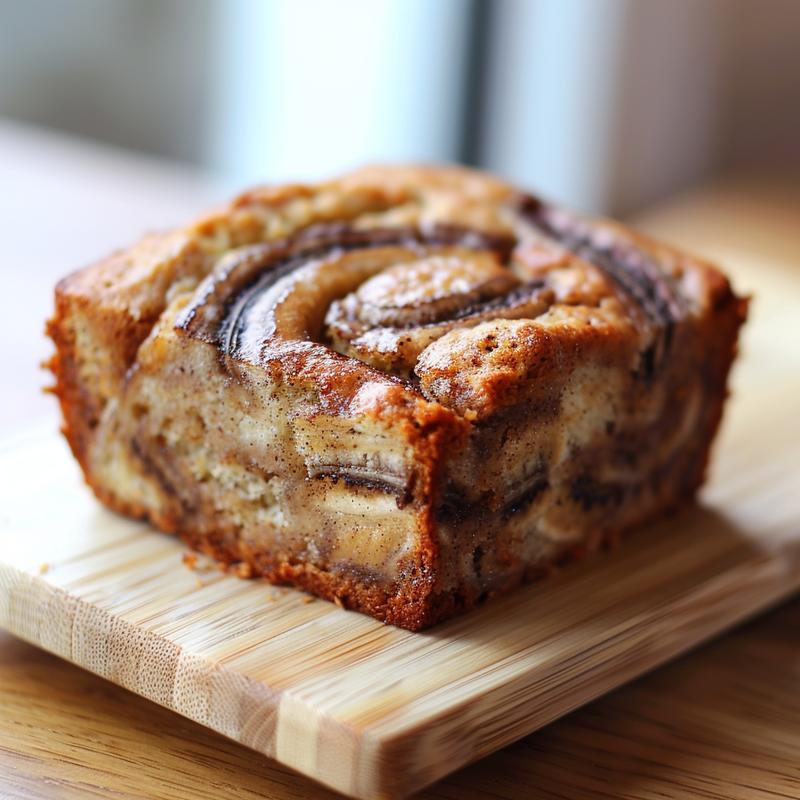 A close-up view of a slice of cinnamon swirl banana bread on a wooden board.