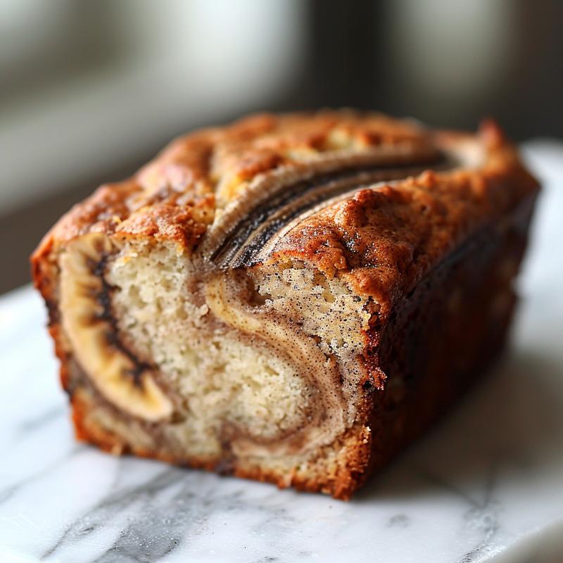Close-up of a slice of cinnamon swirl banana bread on a white marble surface.