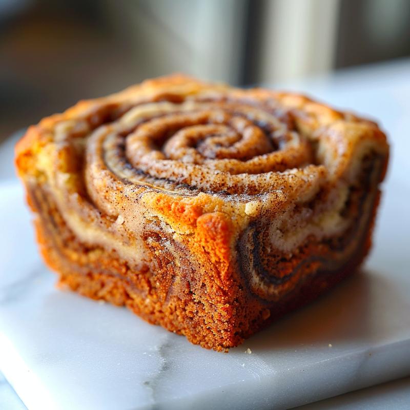 Close-up of a slice of cinnamon swirl banana bread on a white marble surface.