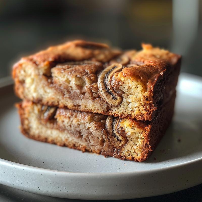 A close-up view of a slice of cinnamon swirl banana bread on a light grey ceramic plate.