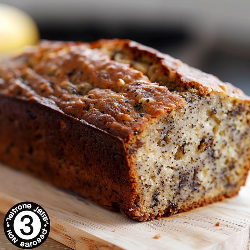 Close-up of a slice of banana bread on a light wood board.