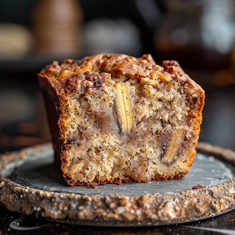 A close-up of a slice of moist banana bread muffin on a rustic slate plate.