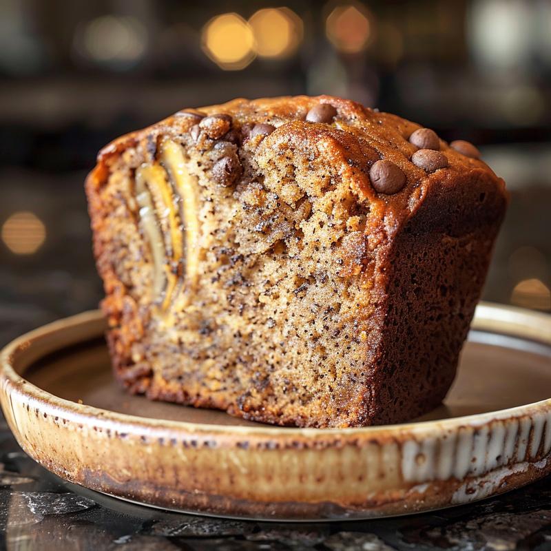 A close-up of a slice of moist coffee cake banana bread muffin on a rustic plate with a dark stone background.