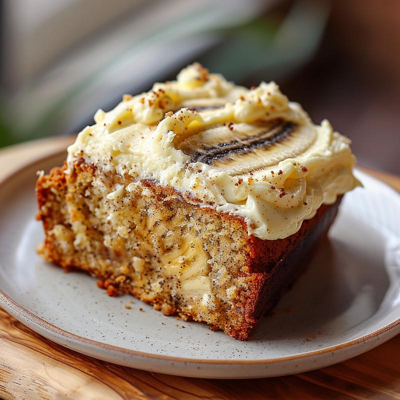 A close-up view of a slice of banana bread cake topped with cream cheese frosting on a wooden board.