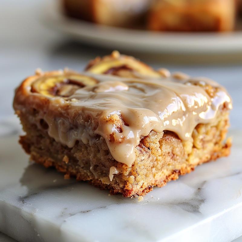 Close-up of healthy cinnamon roll banana bread bars topped with creamy peanut butter glaze on a marble surface.