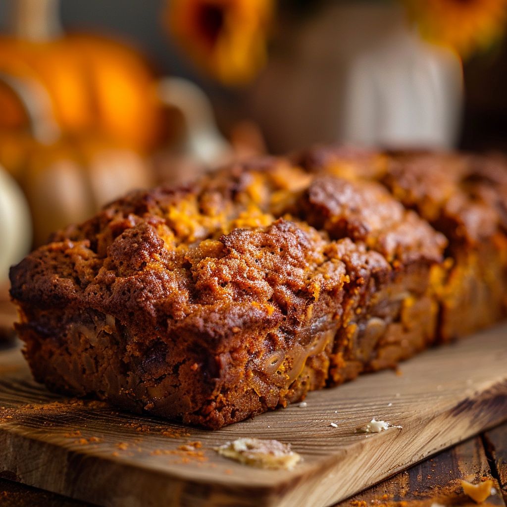 A close-up shot of a sliced cinnamon pumpkin bread showcasing its soft texture and spices.