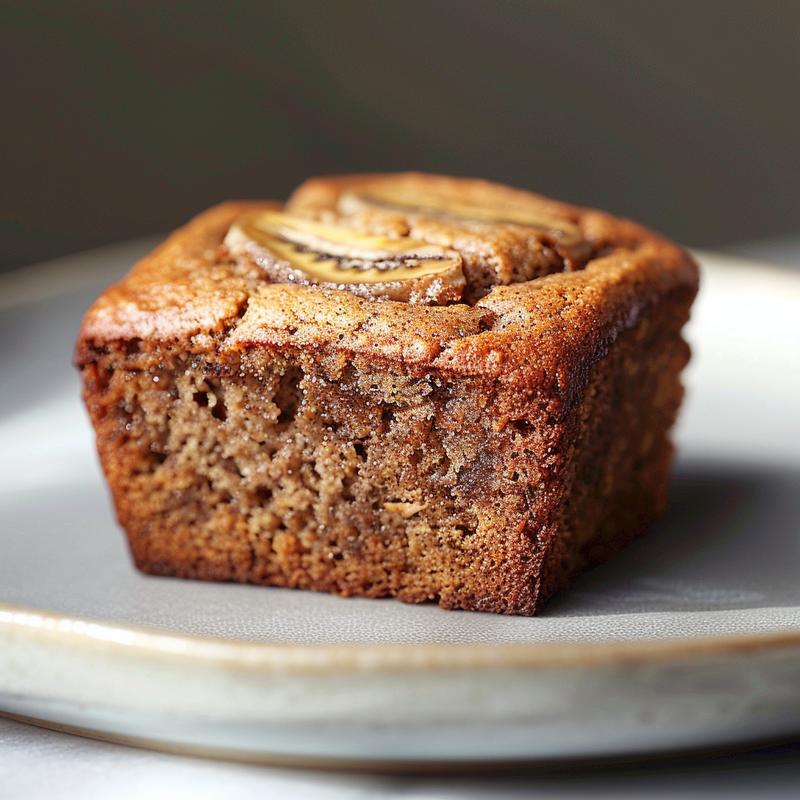 Close-up of a slice of banana bread on a grey plate, showcasing its texture and moisture.