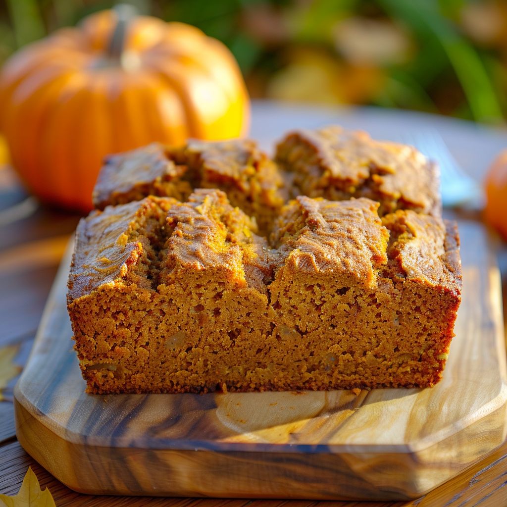 A freshly baked loaf of pumpkin bread with a golden-brown crust and visible pumpkin seeds on top.