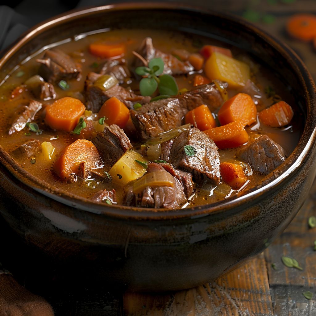 A close-up of a hearty beef stew in a bowl, featuring tender beef pieces, root vegetables, and rich gravy.