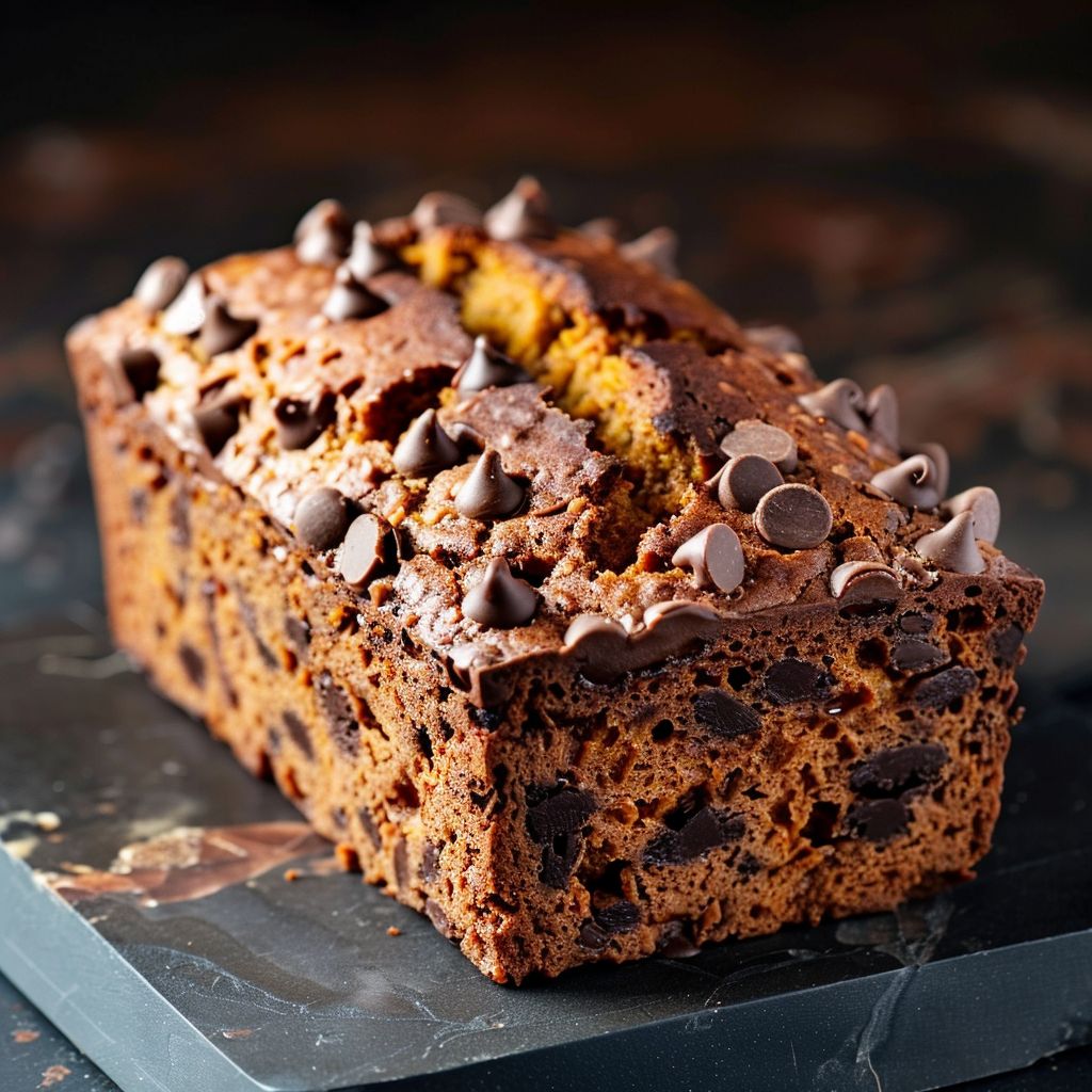 A loaf of pumpkin chocolate chip bread on a rustic wooden table, with visible chocolate chips and a moist texture.