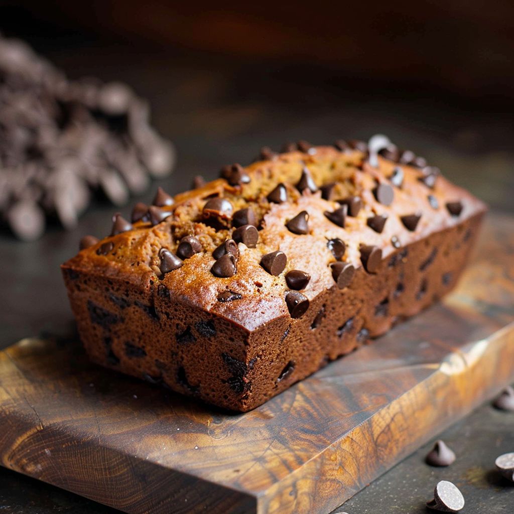 A loaf of pumpkin chocolate chip bread on a wooden cutting board, with chocolate chips scattered around.