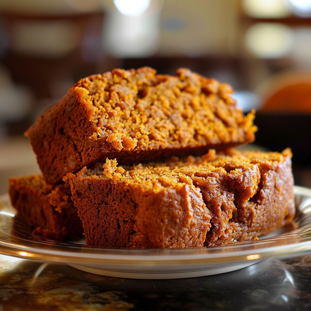 Moist pumpkin bread loaf on a wooden cutting board, displaying texture and color.