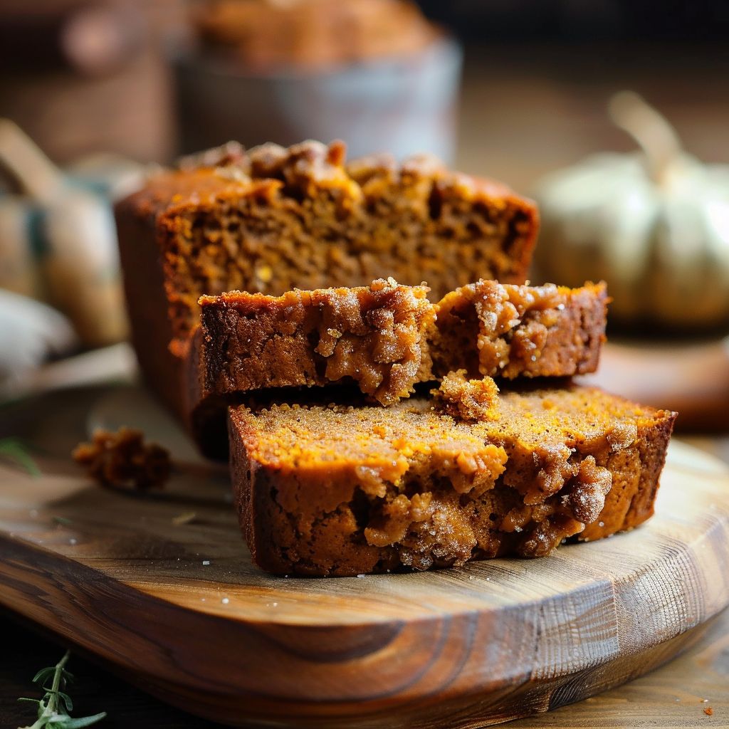 A moist pumpkin bread loaf on a wooden cutting board, with slices cut to reveal its texture.