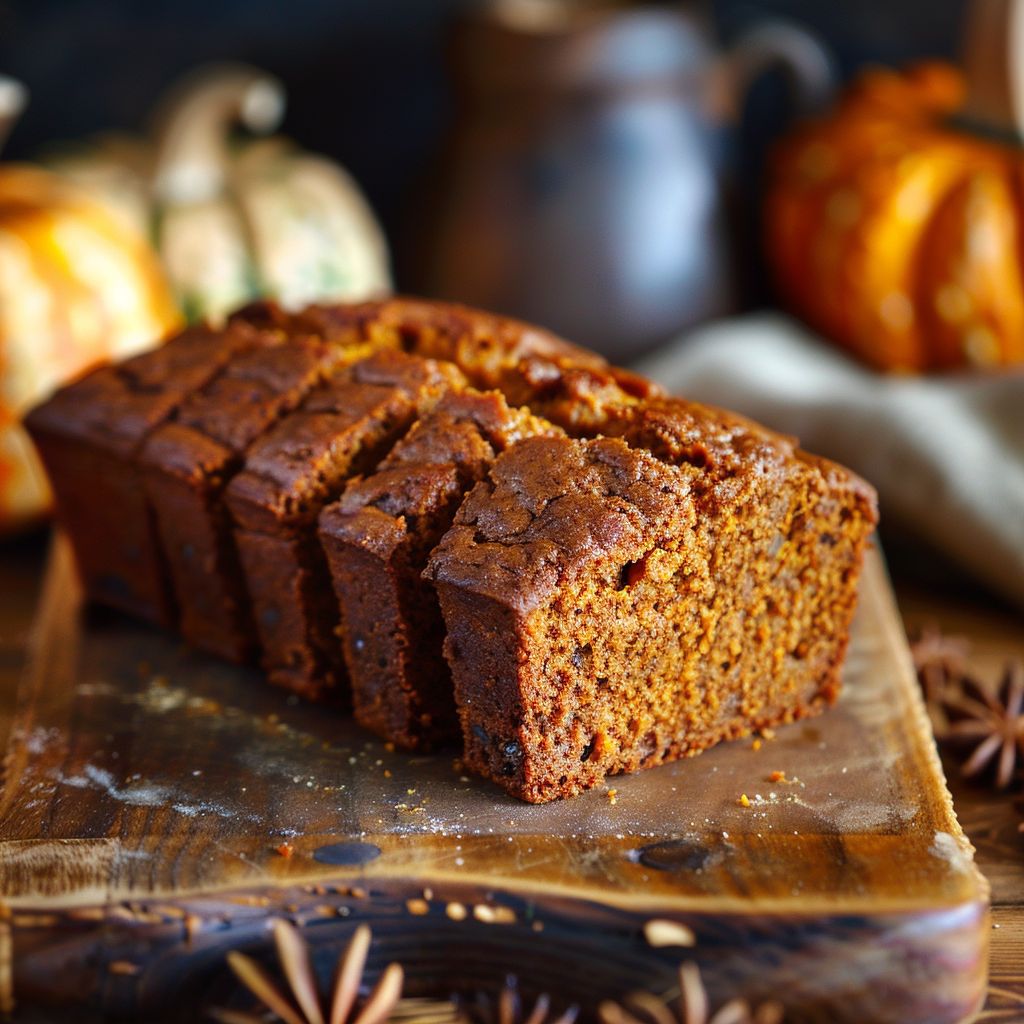 A slice of moist pumpkin bread on a wooden cutting board, showcasing its soft texture.