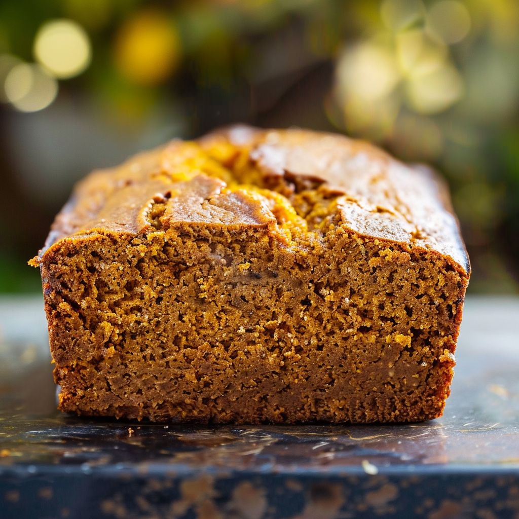 A freshly baked loaf of moist pumpkin bread on a wooden cutting board, showcasing its soft texture and rich orange color.