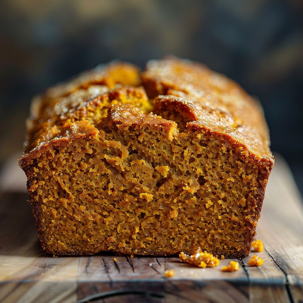 A slice of moist pumpkin bread on a wooden board, showcasing its soft texture and rich color.