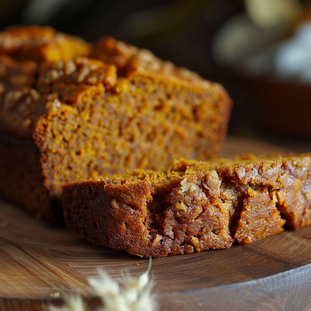 Close-up of a slice of moist pumpkin bread on a wooden cutting board with a soft focus background.