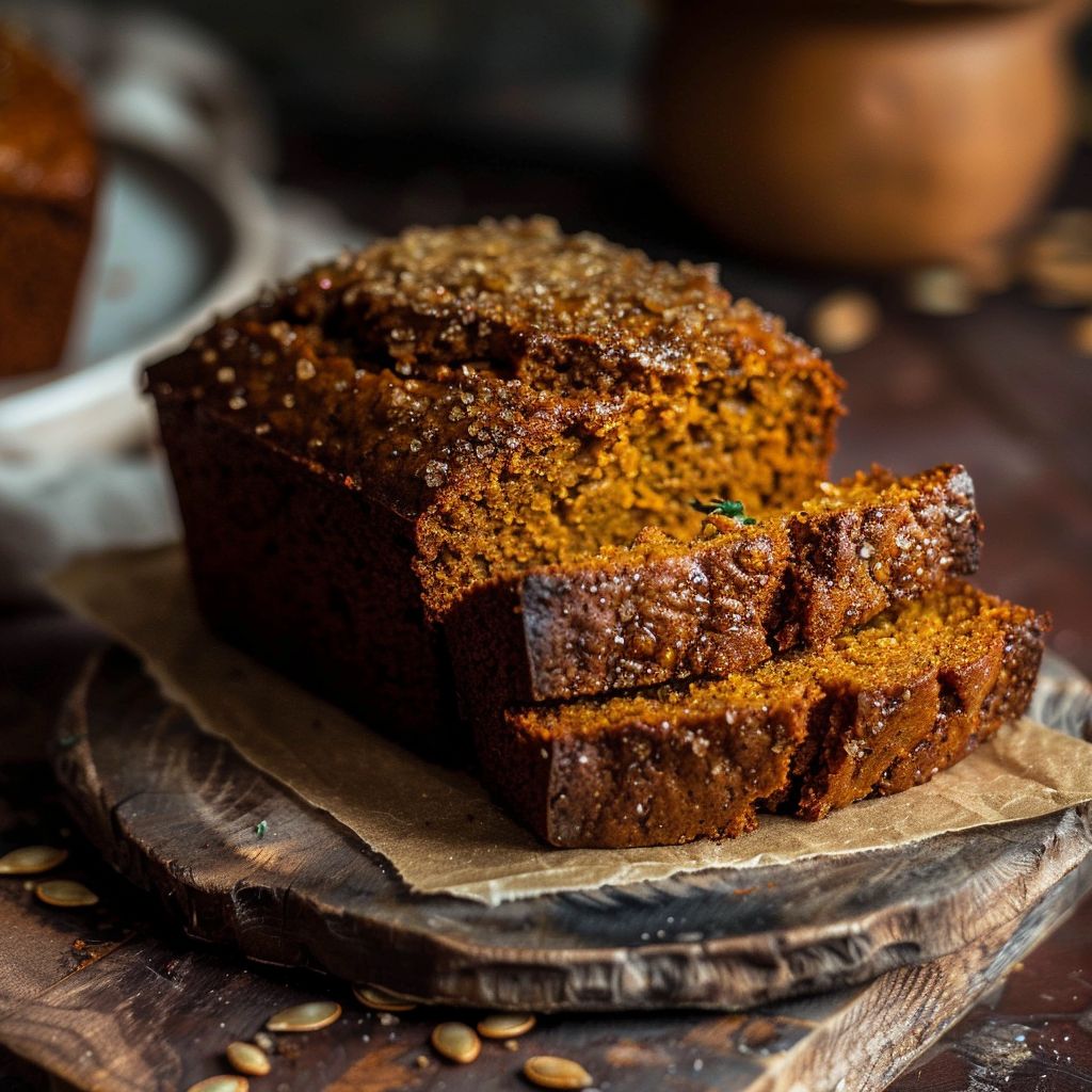 Close-up of a slice of moist pumpkin bread on a wooden board, showcasing its soft texture.